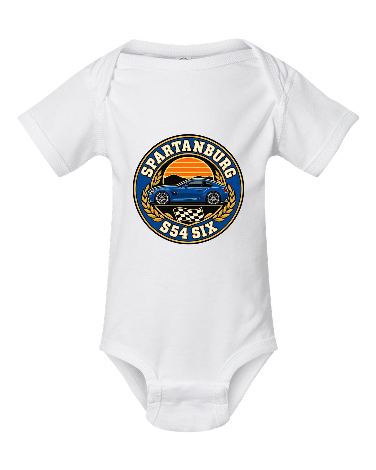 BMW Z4 M Coupe E86 varsity crest print with Spartanburg S54 six text white baby onesie front view with the design
