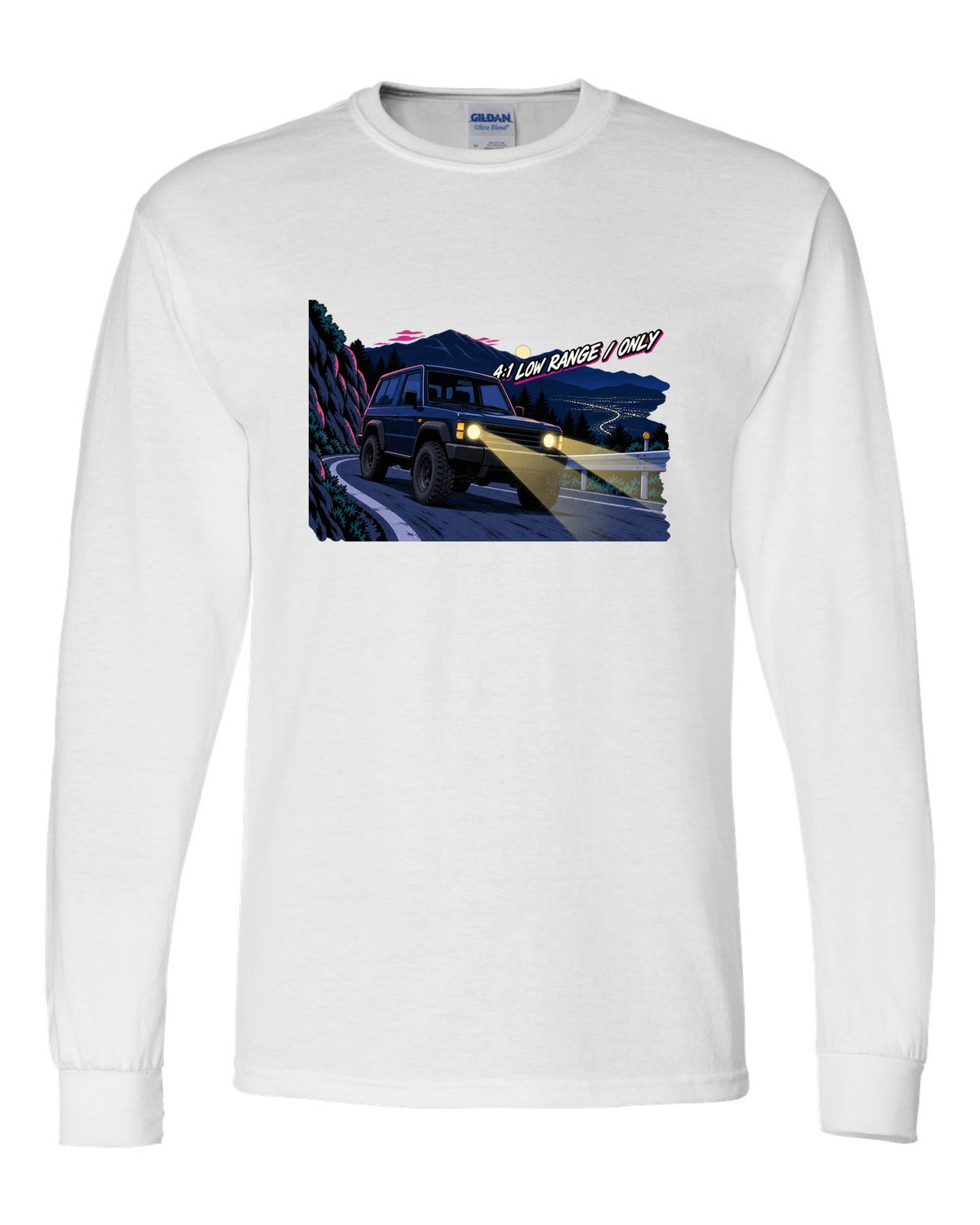 Jeep Wrangler JLU cel-shaded 90s anime night mountain pass with 4:1 low range only text white long sleeve front view with the design