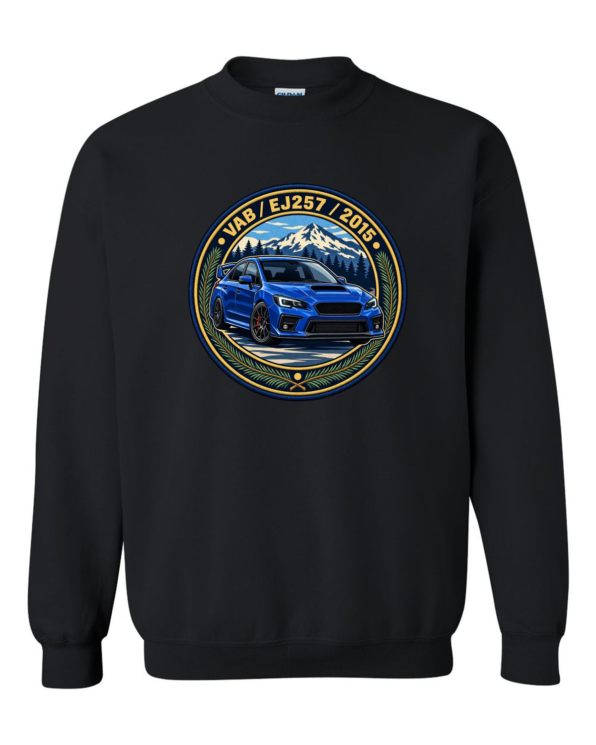 Subaru WRX STI VAB round varsity crest print, VAB / EJ257 / 2015 black crewneck front view with the design