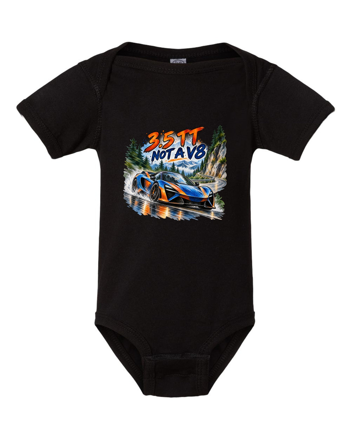 Ford GT 2017-2022 on a hairpin in a watercolour wash print black baby onesie front view with the design