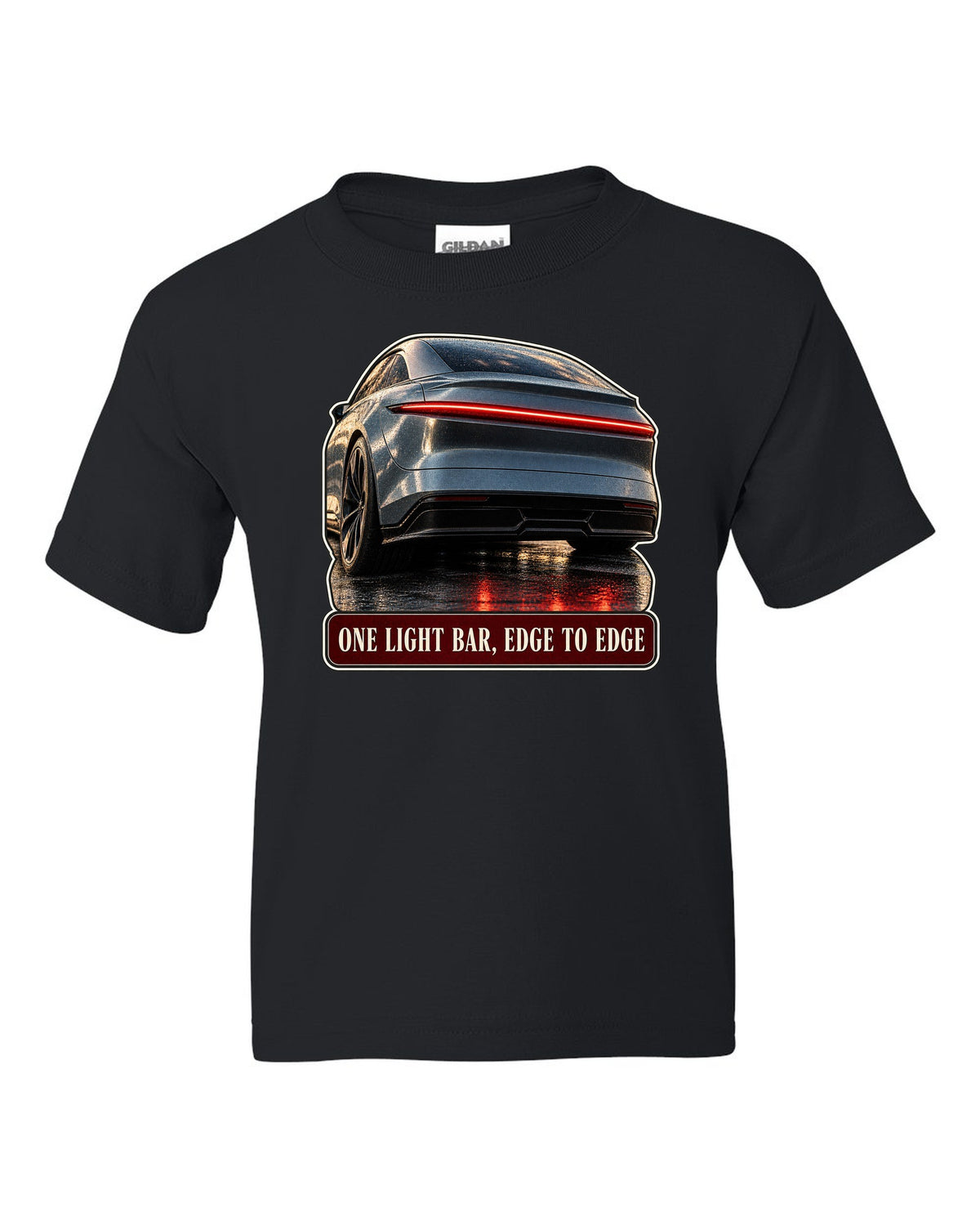 Taillight macro print of a Lucid Air Sapphire with a single light bar black kids tee front view with the design