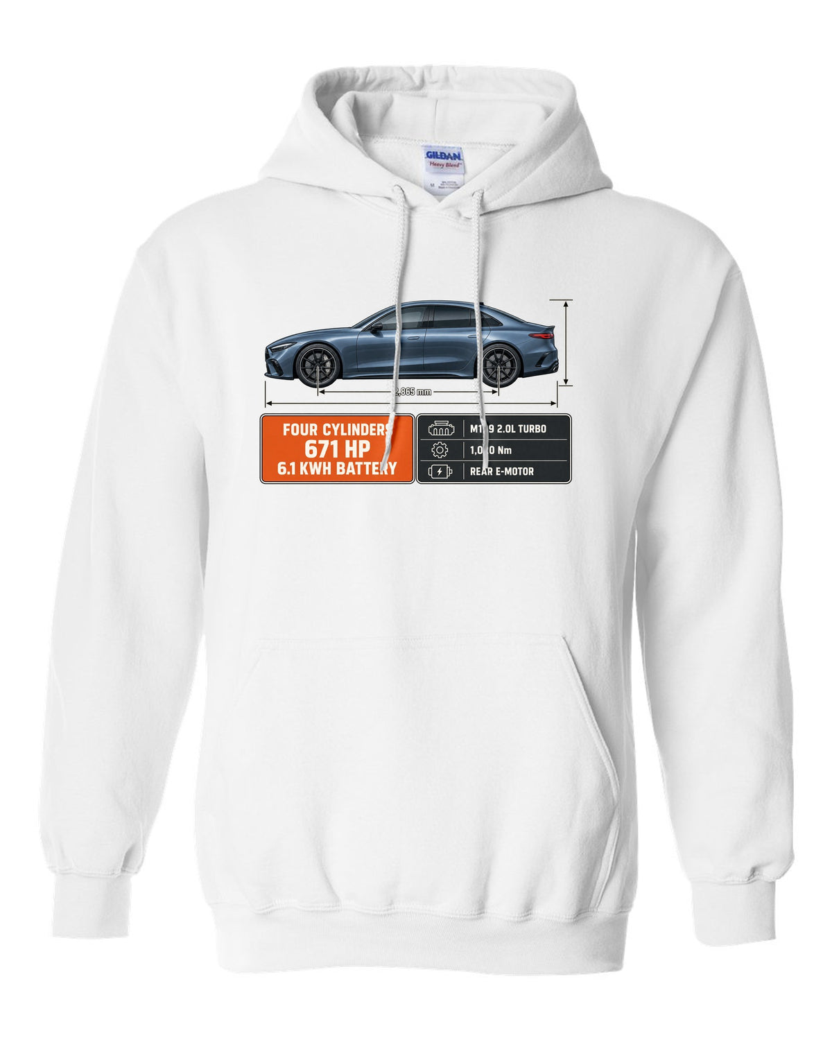 Mercedes-AMG C63 S E Performance W206 blueprint with dimension lines white pull over hoodie front view with the design