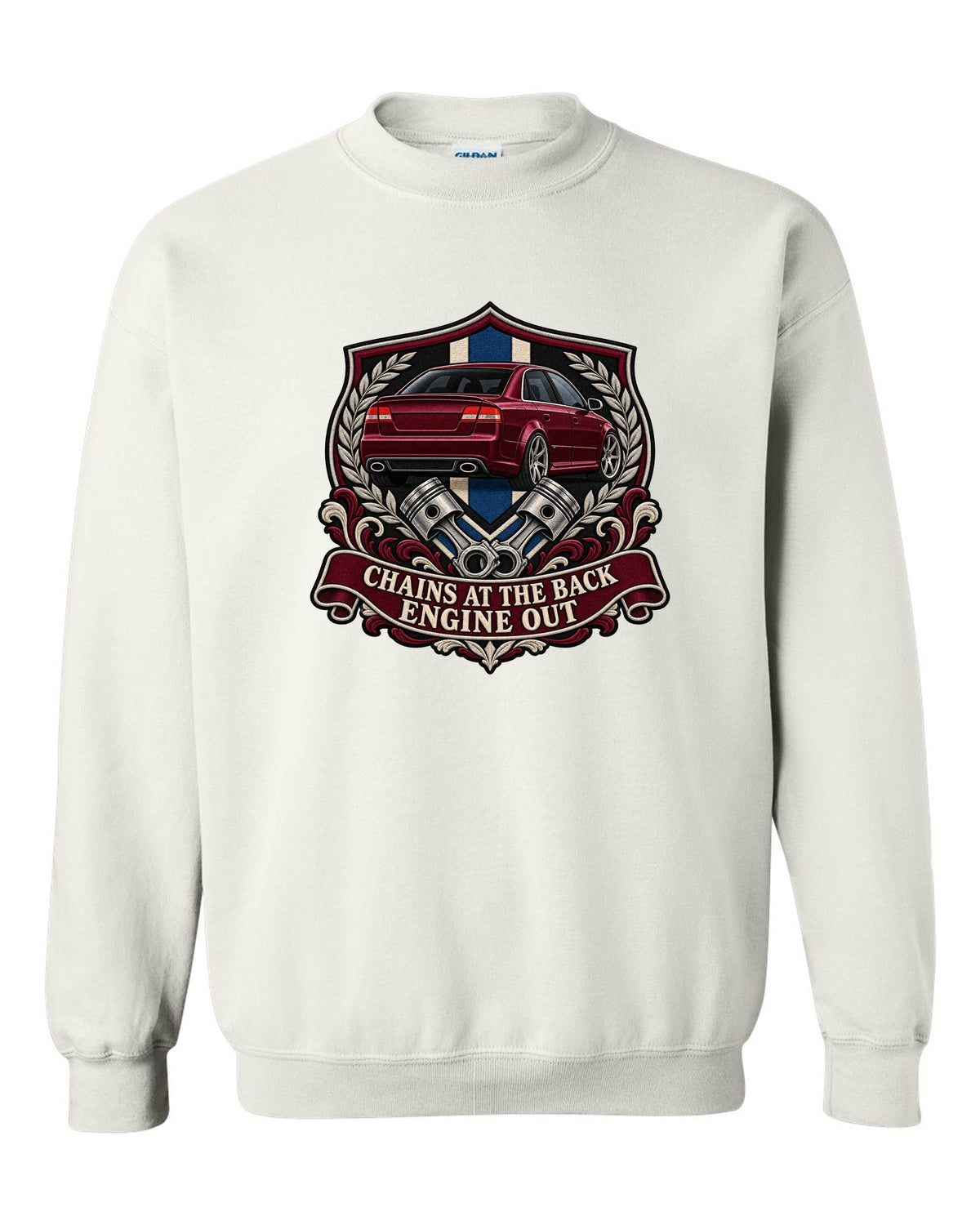 Varsity seal print of an Audi S4 B7 sedan with Engine Out text white crewneck front view with the design