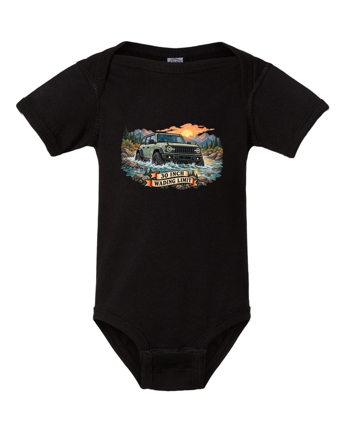 Jeep Wrangler JLU watercolour river crossing at sunrise with 30 inch wading limit text black baby onesie front view with the design