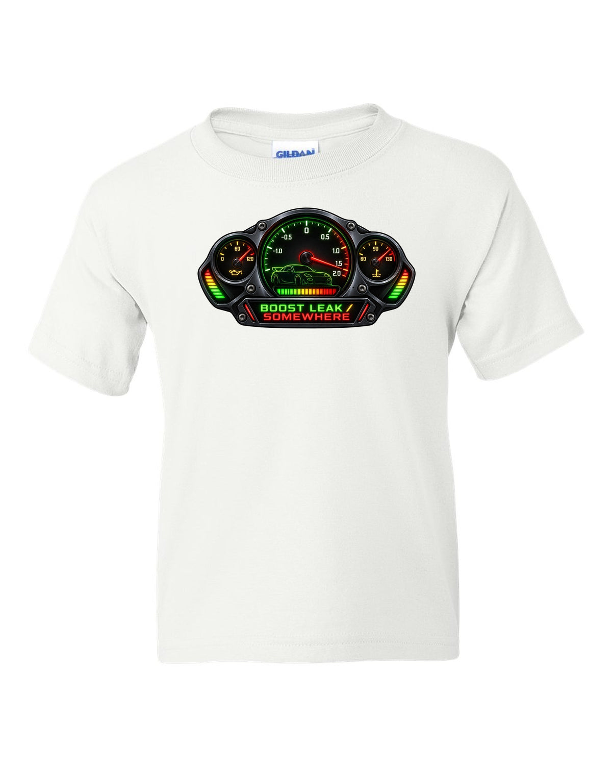 Sticker-bomb collage print of a Mazda RX-7 FD3S with text 5-Lug, 17 Inch, Bronze white kids tee front view with the design