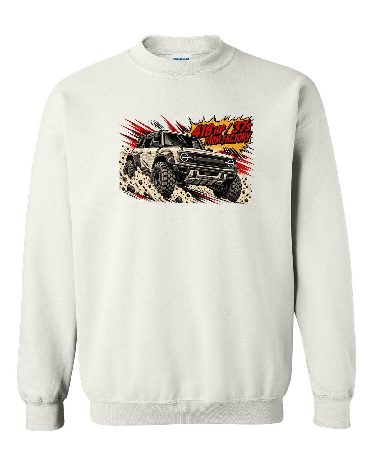 Retro manga halftone panel of a 2022 Ford Bronco Raptor jumping in the desert with 418 HP lettering white crewneck front view with the design