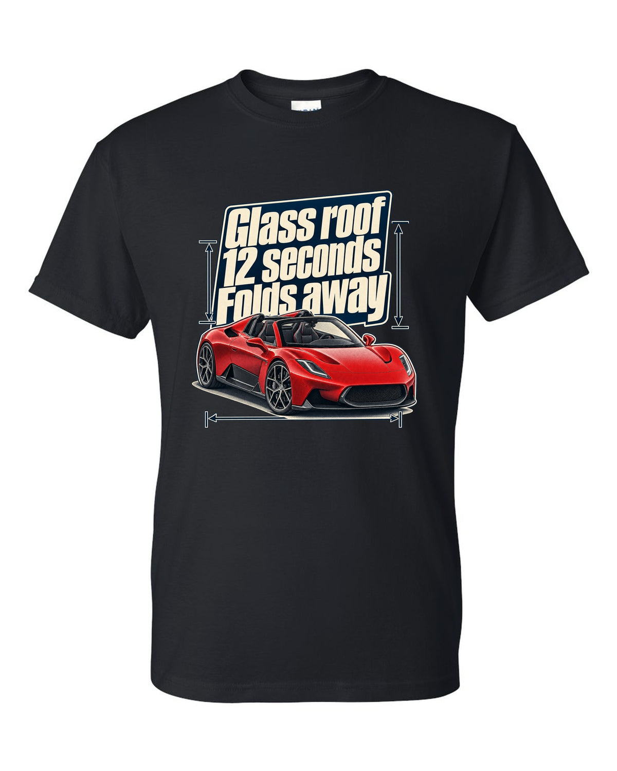 Maserati MC20 Cielo editorial headline print on a shirt black t-shirt front view with the design
