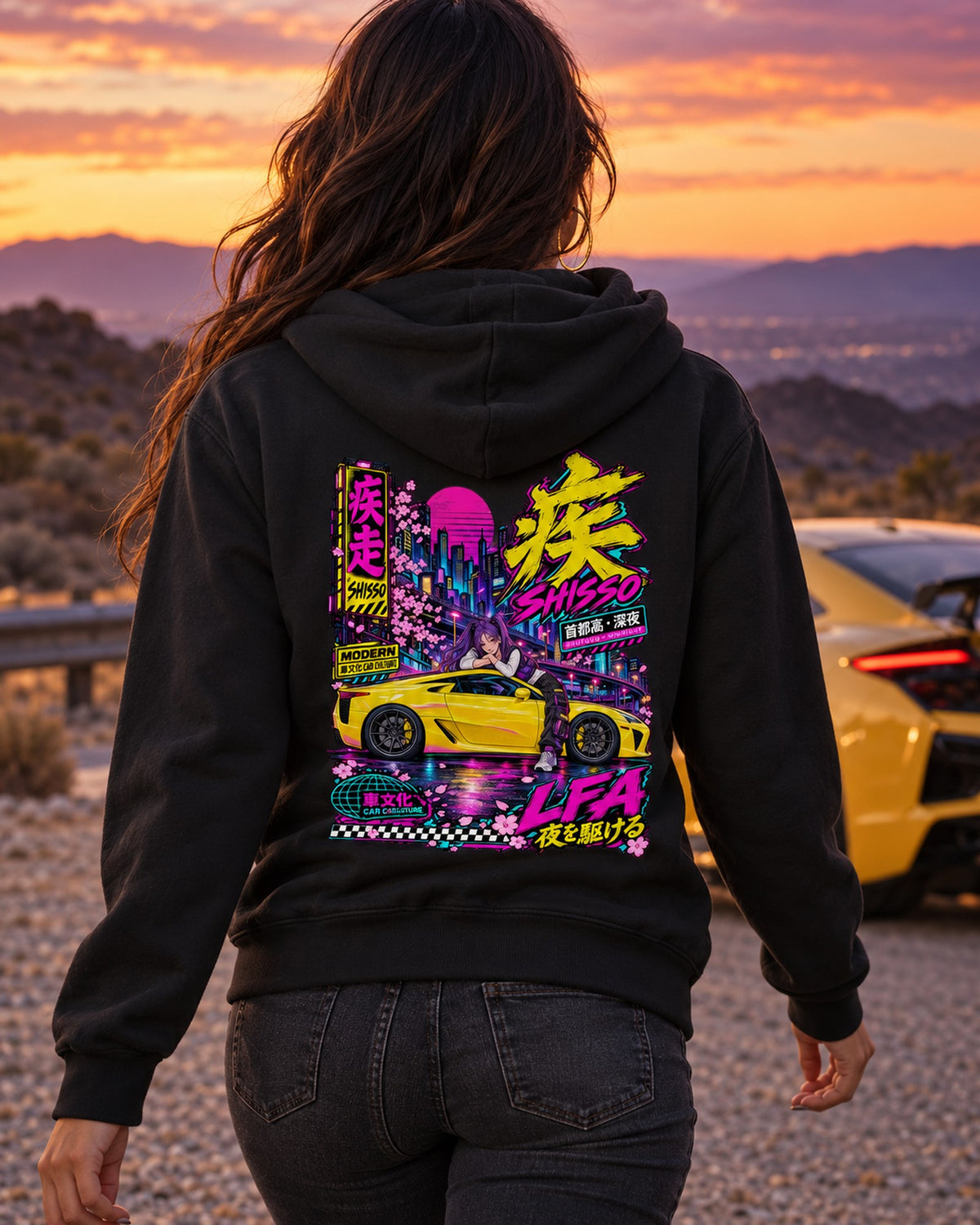 SHISSO LFA Anime Girl Full-Back Graphic Tee Zip Hoodie Black worn hero