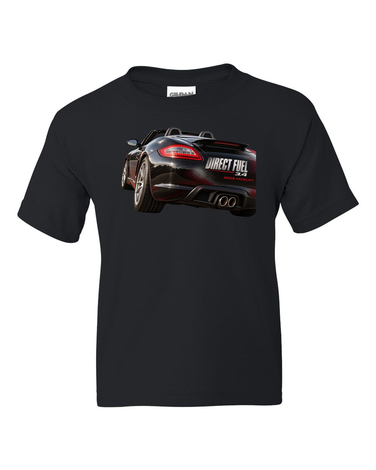Taillight macro print of a Porsche Boxster 987.2 facelift black kids tee front view with the design
