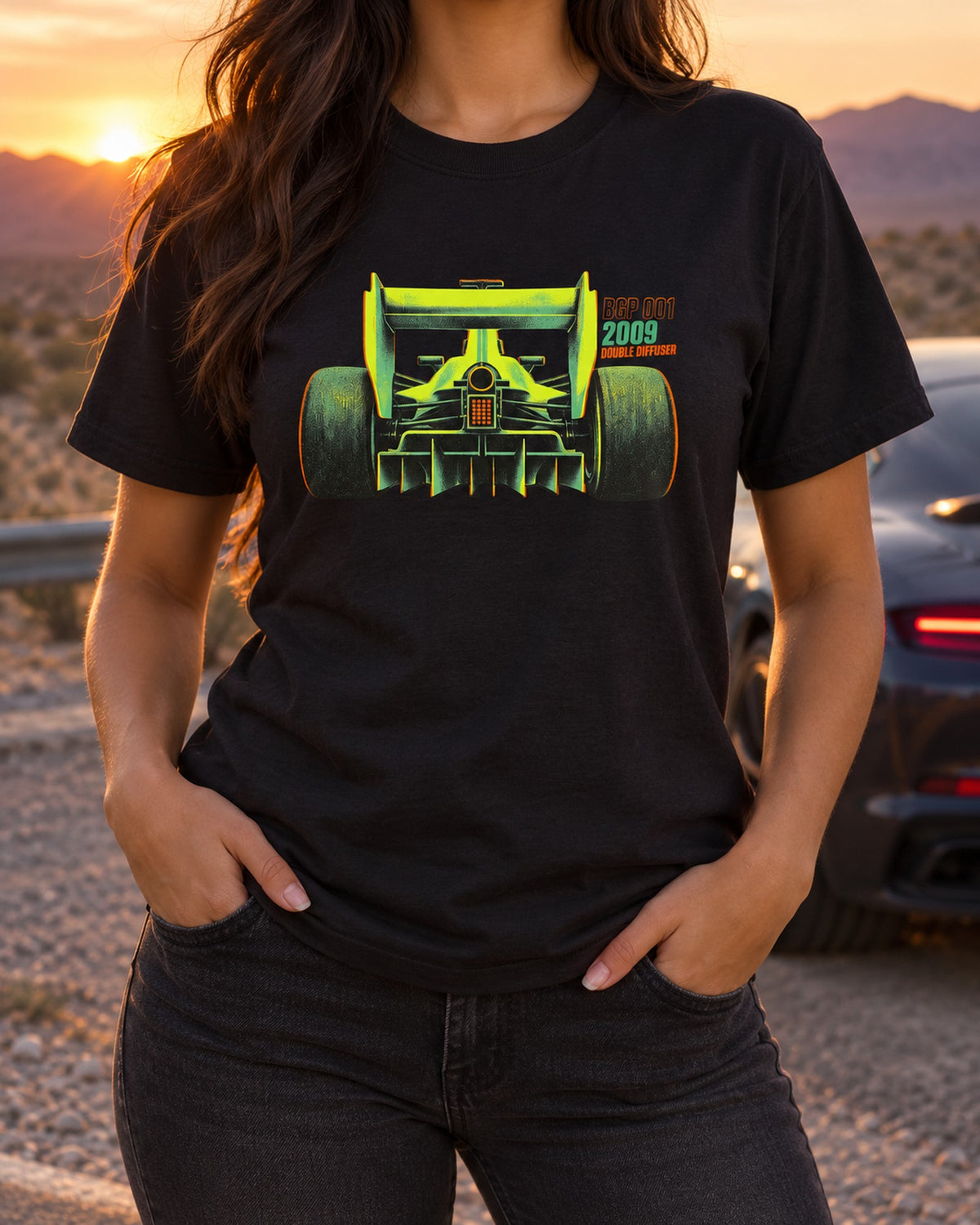 Brawn BGP 001 Double Diffuser Shirt, 2009 F1 Risograph Print T-Shirt Black worn hero