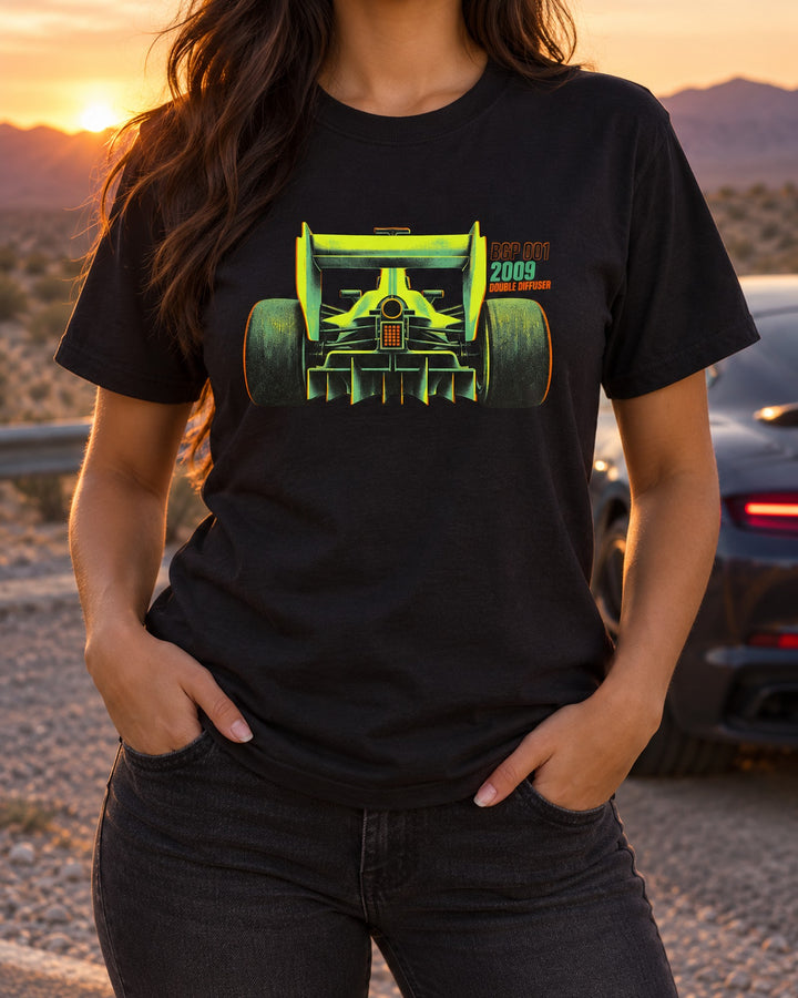 Brawn BGP 001 Double Diffuser Shirt, 2009 F1 Risograph Print T-Shirt Black worn hero