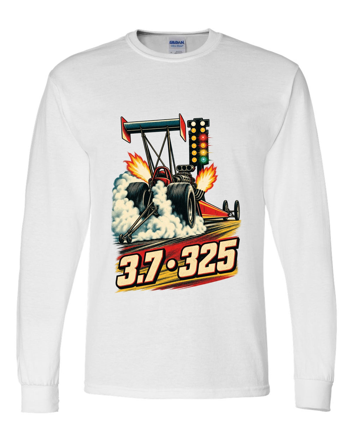 Retro poster style Top Fuel dragster doing a burnout with halftone smoke and 3.7 325 lettering white long sleeve front view with the design