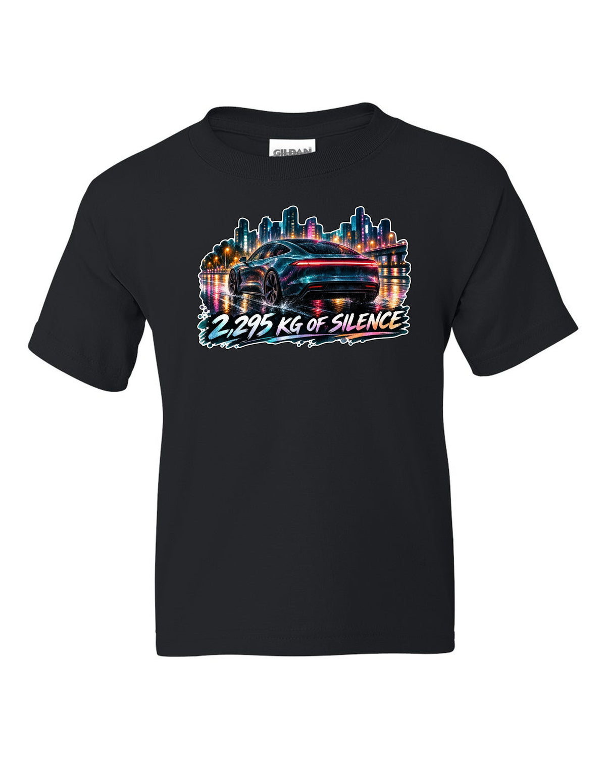 Porsche Taycan Turbo S 9J1 watercolor wet road night print with the text 2,295 kg of silence black kids tee front view with the design