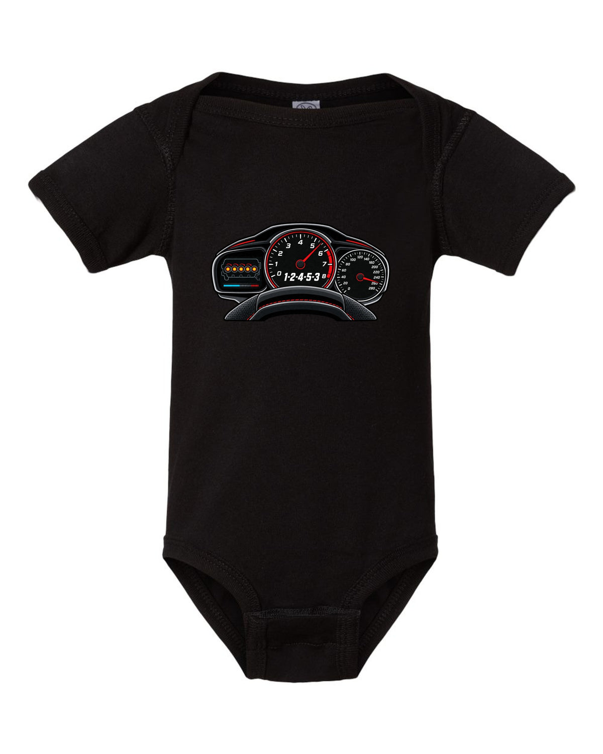 Flat gauge cluster print for the Audi RS3 8V showing the 1-2-4-5-3 firing order black baby onesie front view with the design