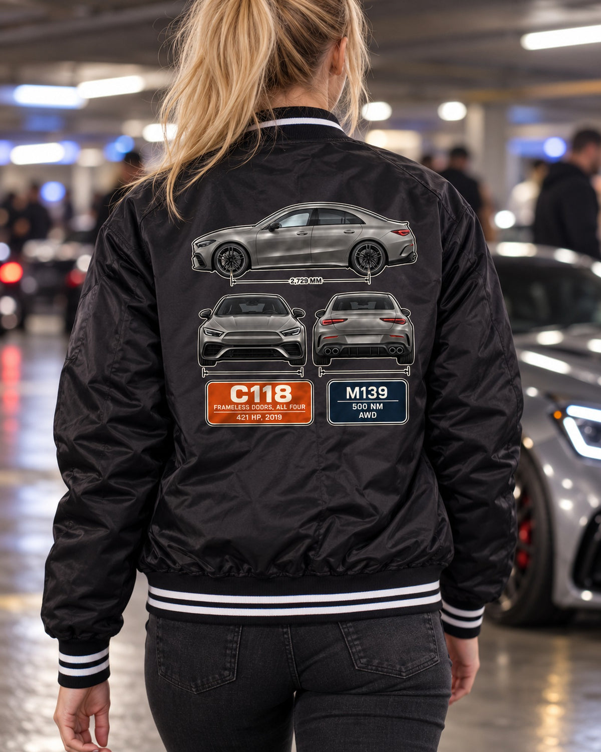Mercedes-AMG CLA 45 S C118 Three-View Spec Poster Tee Bomber Jacket Black worn hero