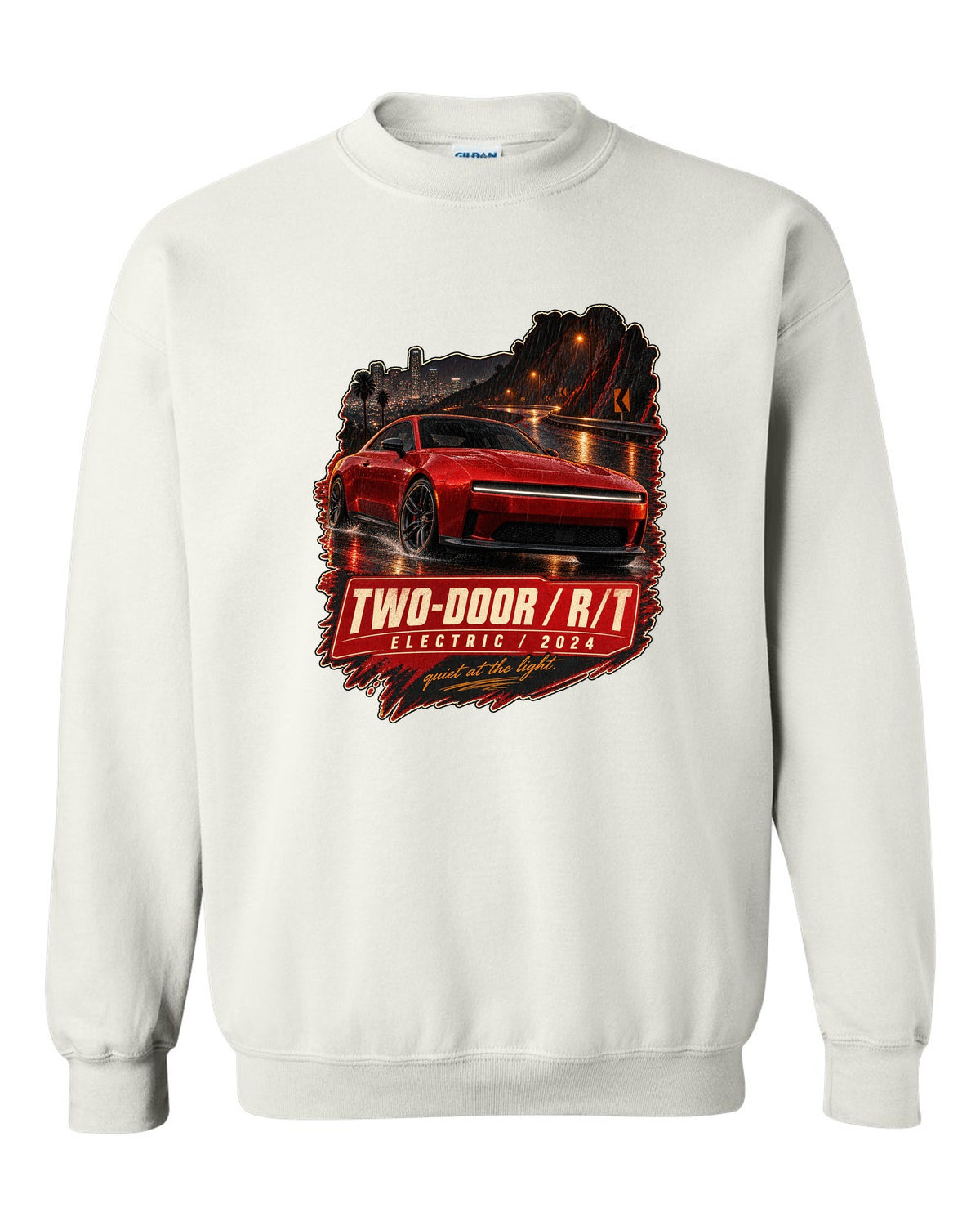 print of a 2024 Dodge Charger Daytona R/T on a night street white crewneck front view with the design