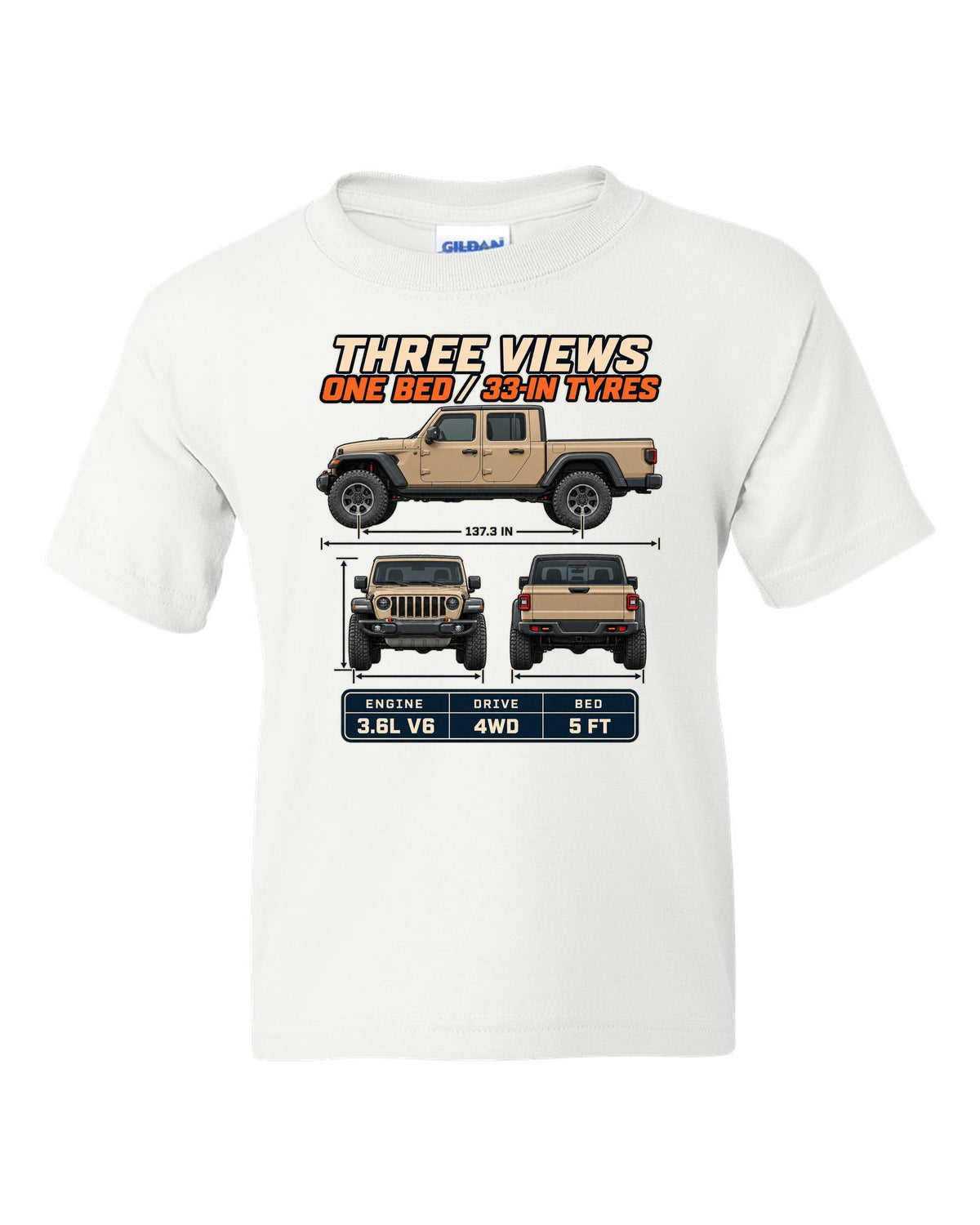Three-view drawing with spec table print of the Jeep Gladiator Mojave white kids tee front view with the design