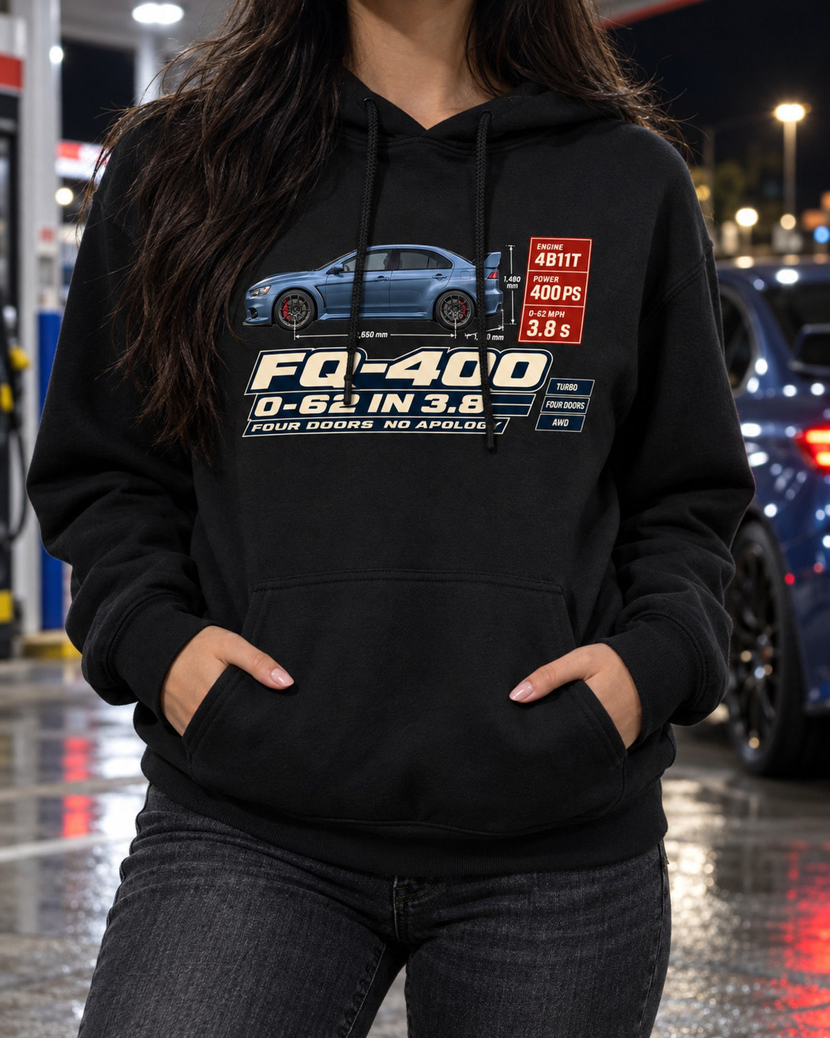 Evo X FQ-400 Spec Poster Tee, 0-62 in 3.8, Four Doors Pull Over Hoodie Black worn hero