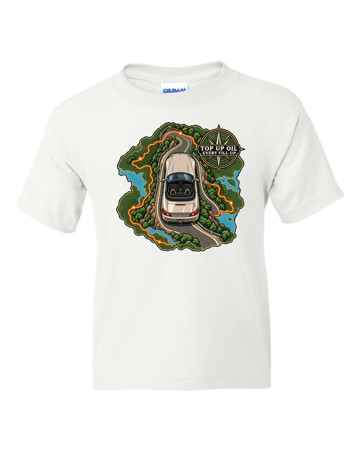 Topographic route map print of a 1999 Honda S2000 AP1 roadster with top up oil text white kids tee front view with the design