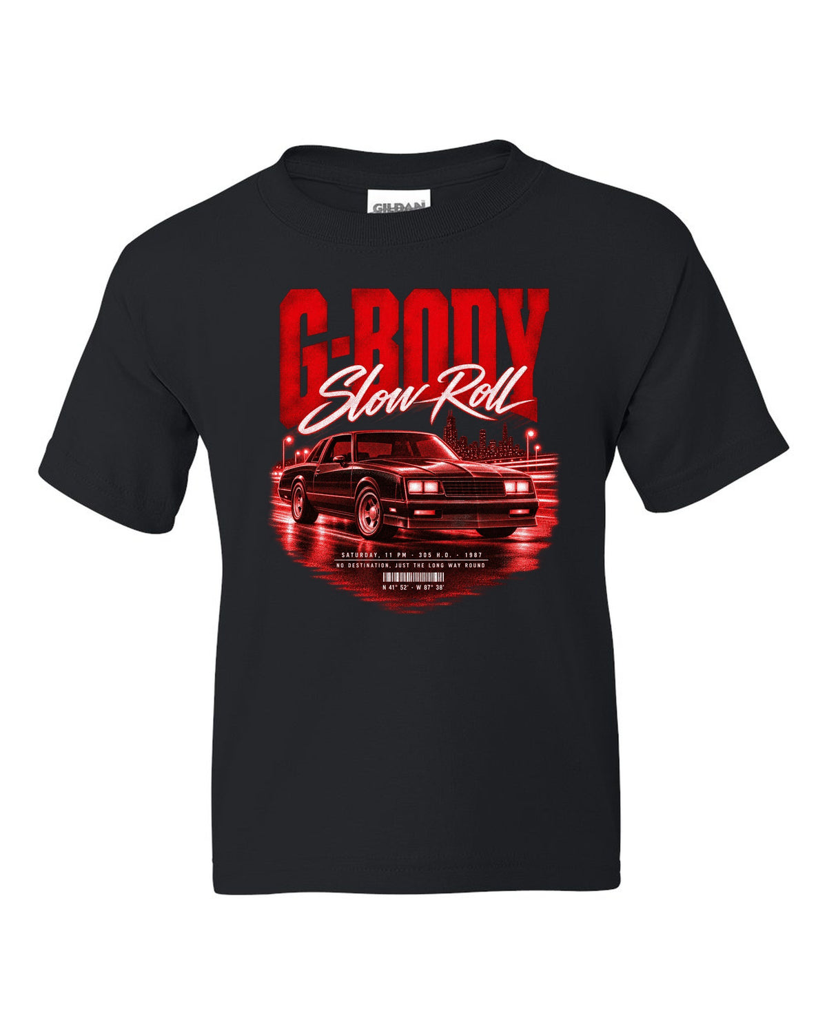 1987 Monte Carlo SS G-body street poster print with Slow Roll lettering black kids tee front view with the design