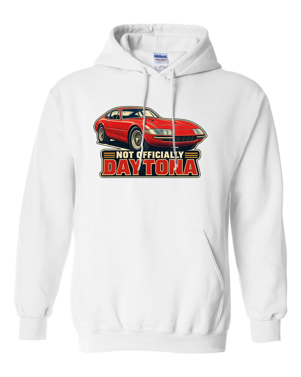 1960s race poster lithograph of the Ferrari 365 GTB/4 Daytona nose white pull over hoodie front view with the design