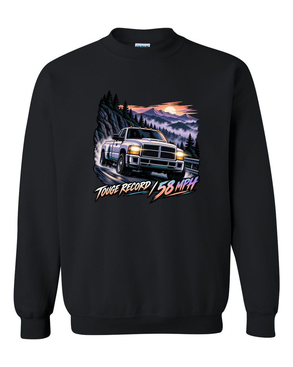 Cel-shaded anime night touge print of a 1994-1998 Dodge Ram 2500 12V Cummins black crewneck front view with the design