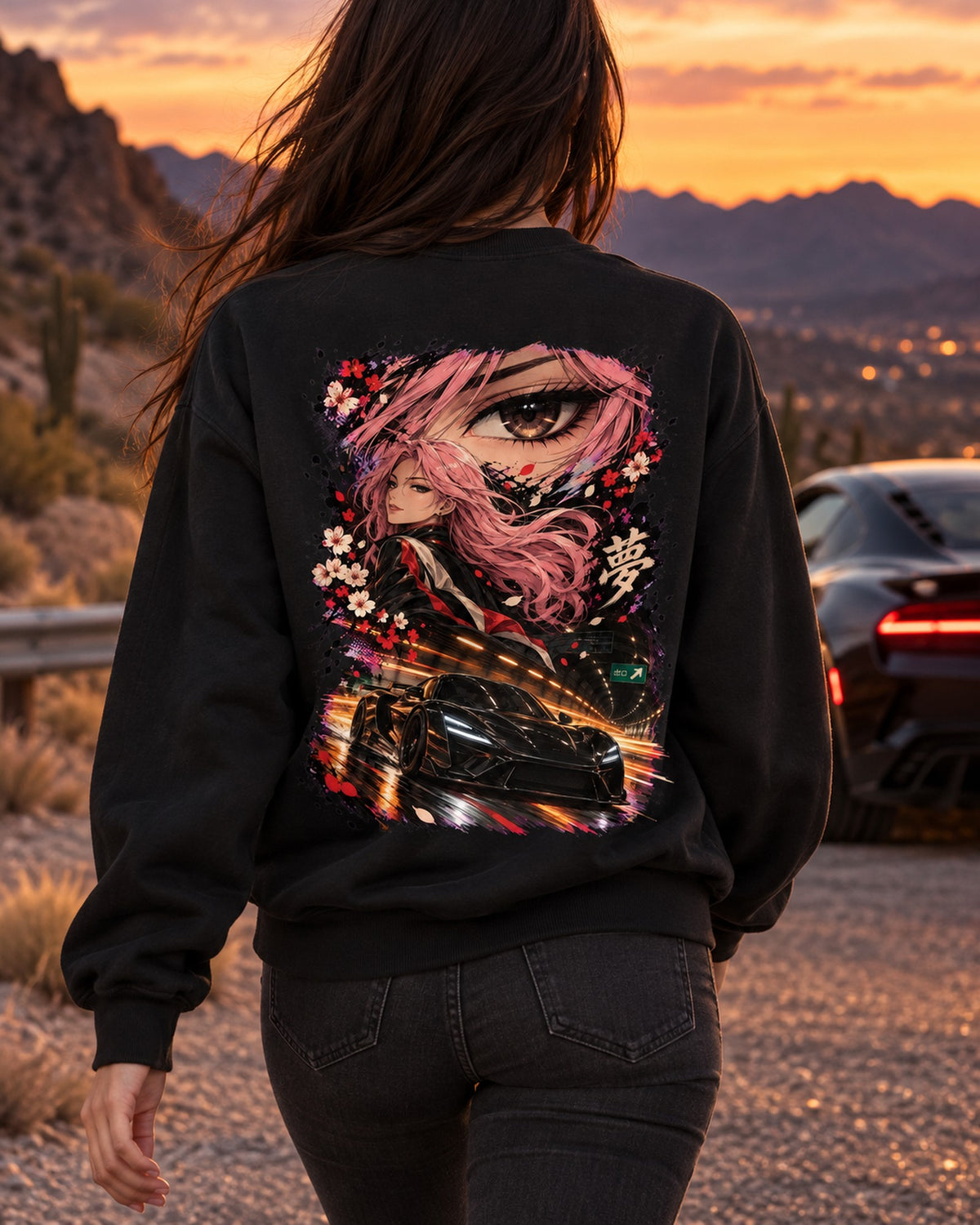 Rimac Nevera Anime Girl Shirt, Hoodie & More Crewneck Black worn hero