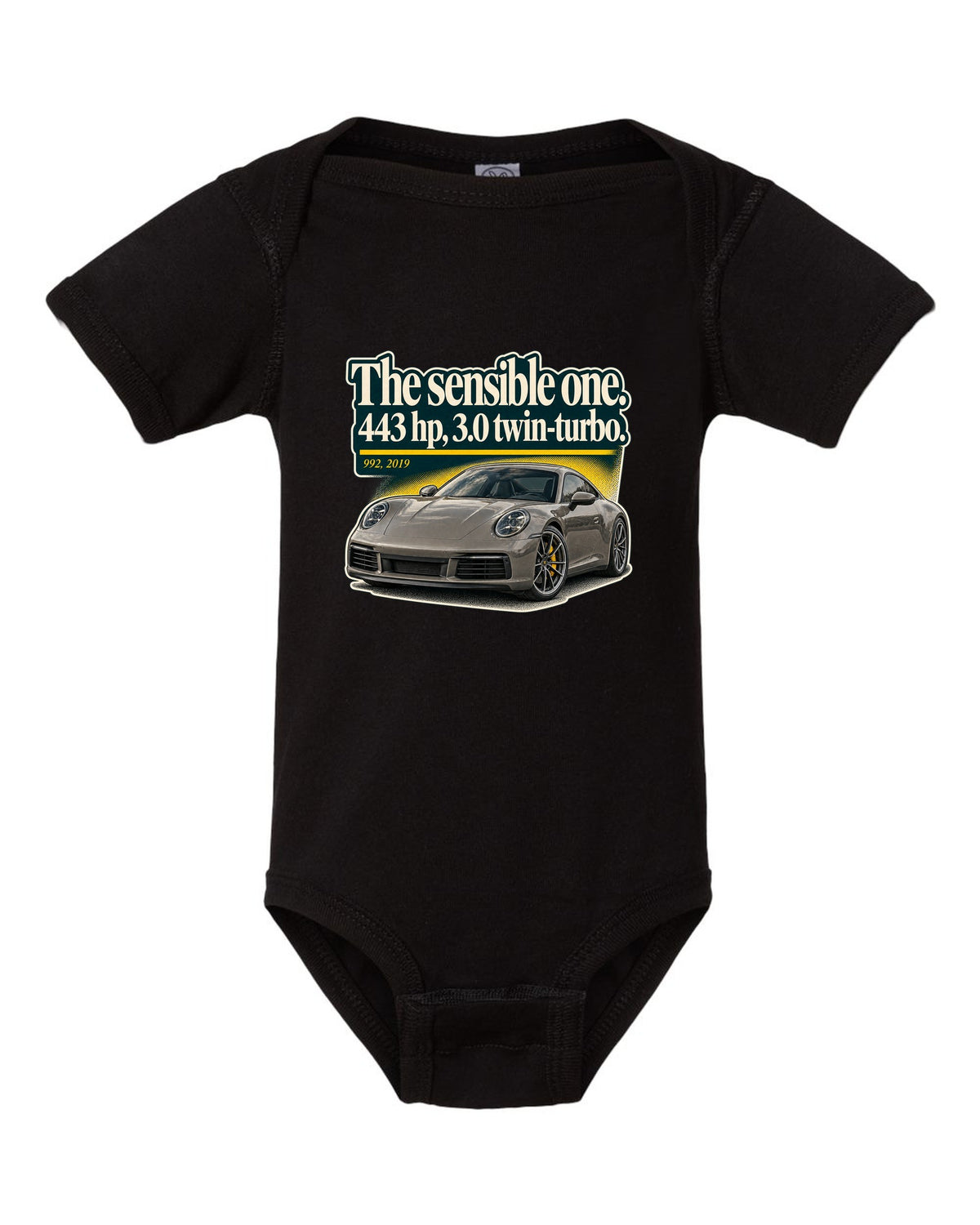 print of a Porsche 992 Carrera S coupe with an editorial headline layout black baby onesie front view with the design