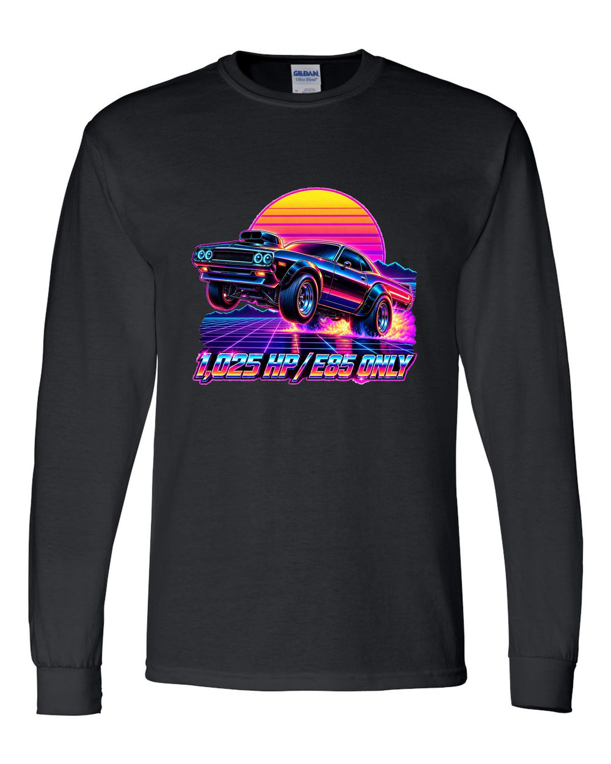 2023 Dodge Challenger Demon 170 synthwave neon outrun print with 1,025 HP E85 Only text black long sleeve front view with the design