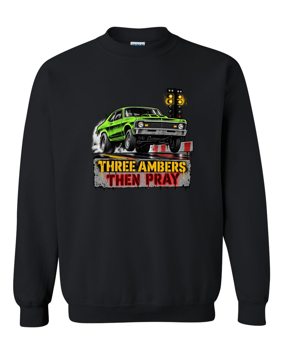 Stencil spray street art of a 1971 Chevrolet Nova at the drag strip starting line black crewneck front view with the design