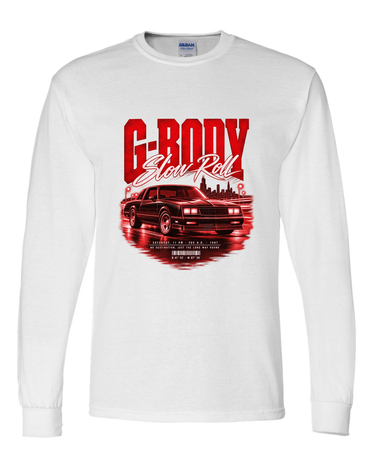 1987 Monte Carlo SS G-body street poster print with Slow Roll lettering white long sleeve front view with the design