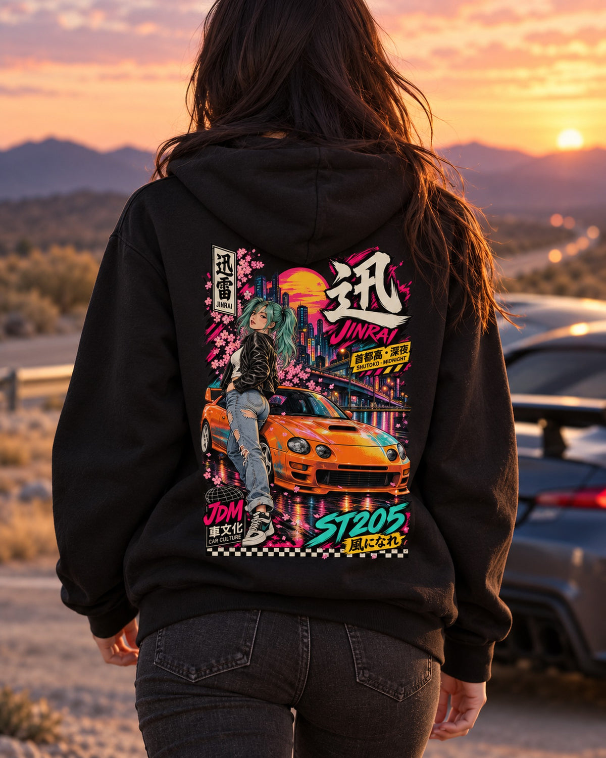 JINRAI ST205 Anime Girl Full-Back Graphic Tee Pull Over Hoodie Black worn hero