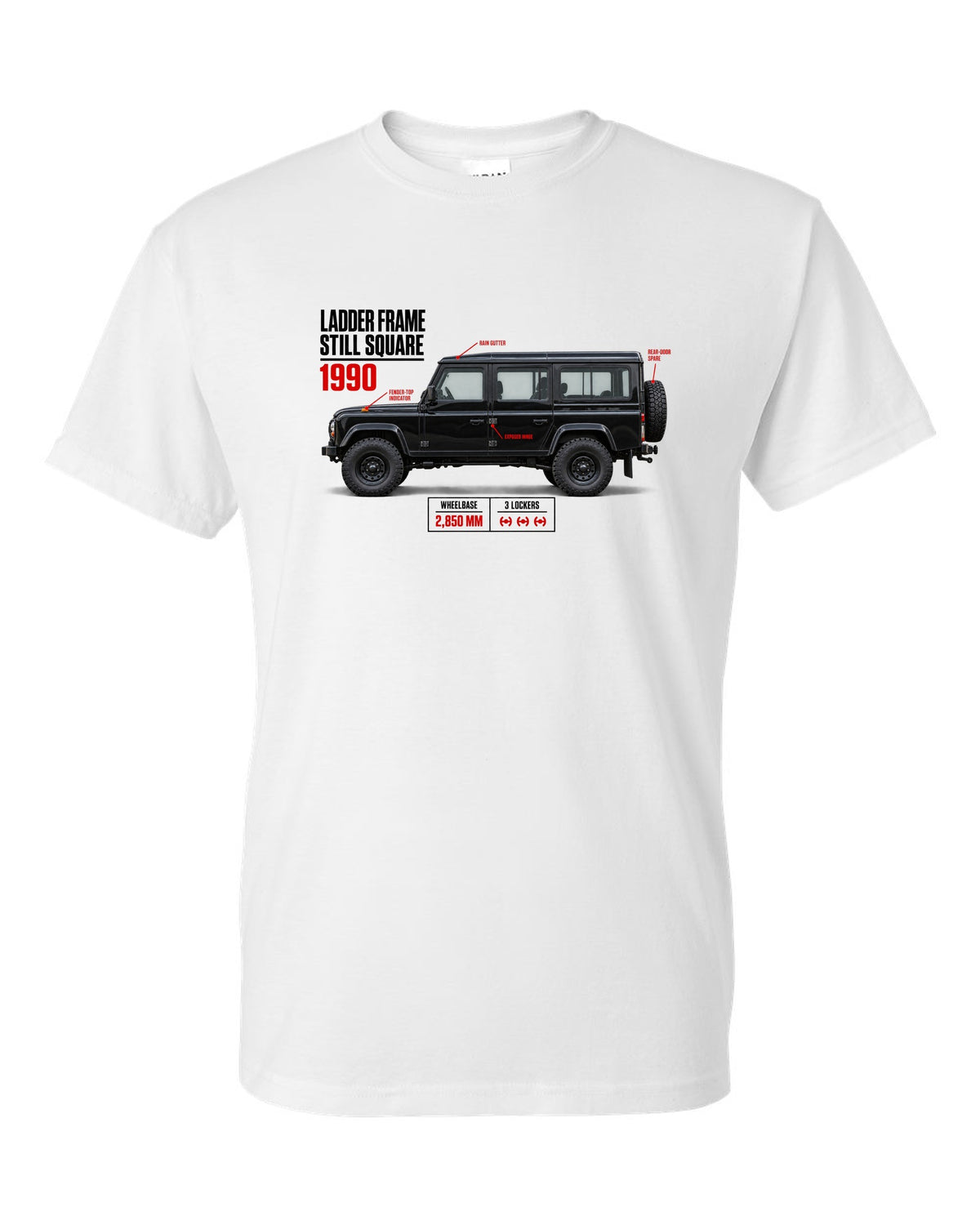 print spec poster of a Mercedes G-Class W463 with text ladder frame, 1990, still square white t-shirt front view with the design
