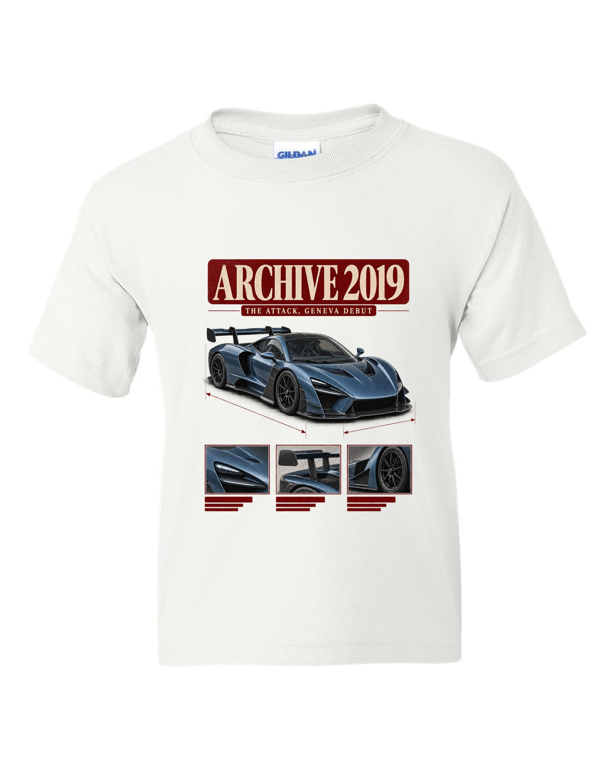 Archive panel design of the Koenigsegg Jesko Attack front three-quarter, print white kids tee front view with the design