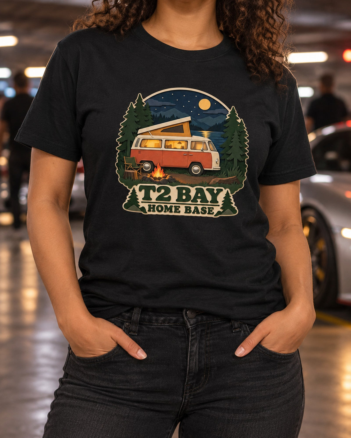 VW Bus T2 Bay-Window Home Base Night Camp Paper-Cutout Shirt T-Shirt Black worn hero