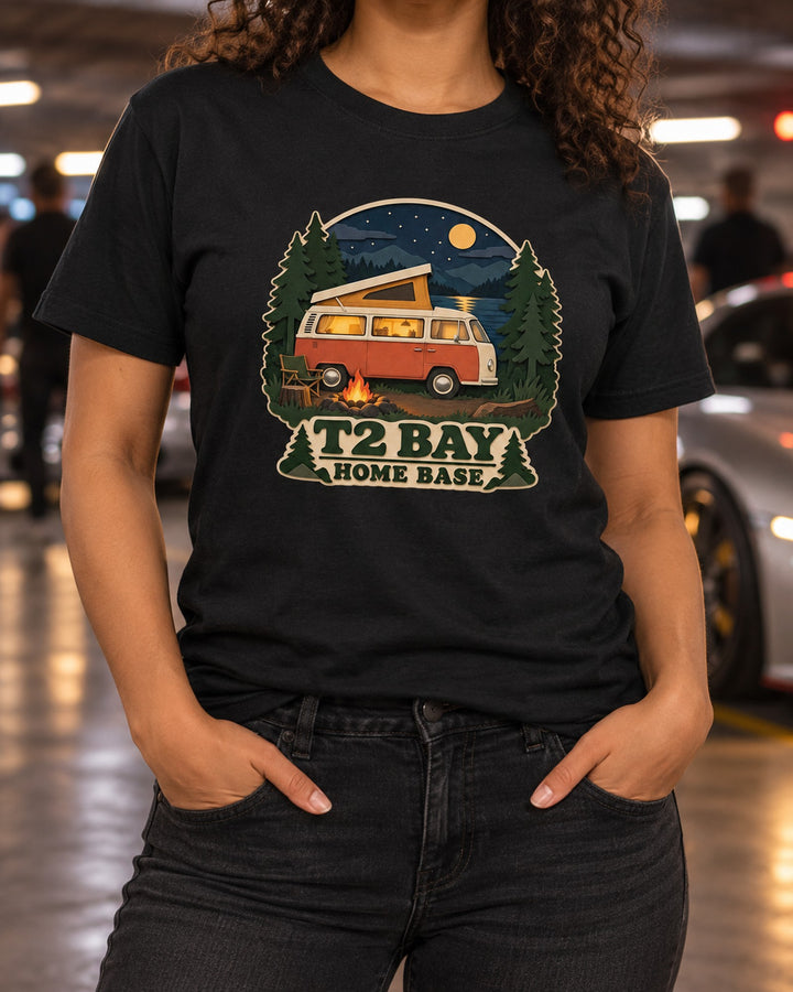 VW Bus T2 Bay-Window Home Base Night Camp Paper-Cutout Shirt T-Shirt Black worn hero