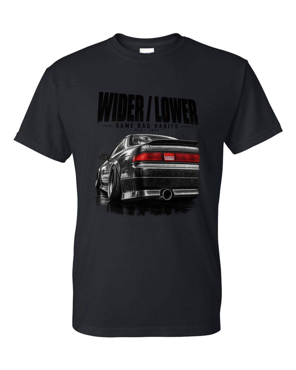 Close-up macro of a Nissan Silvia S14 zenki taillight with wider, lower, same bad habits lettering black t-shirt front view with the design