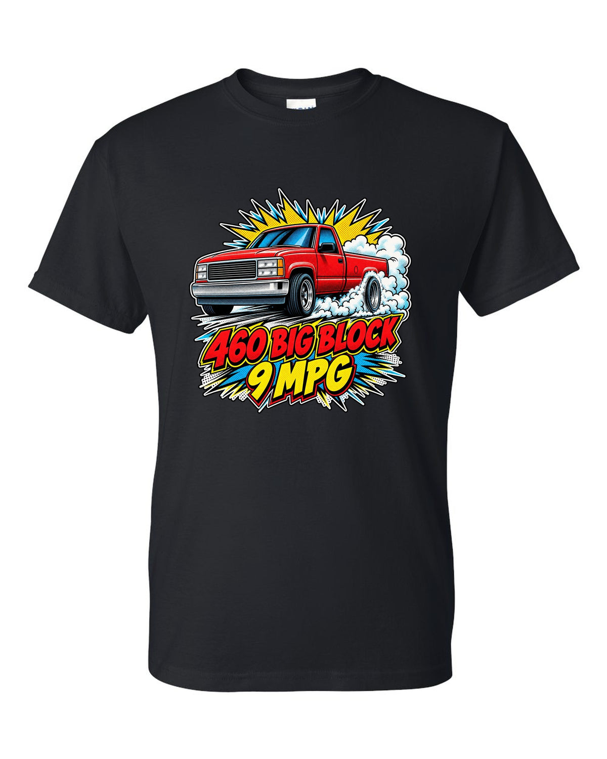 Comic halftone pop-art print of a 1992-97 Ford F-150 OBS burnout with 460 big block text black t-shirt front view with the design