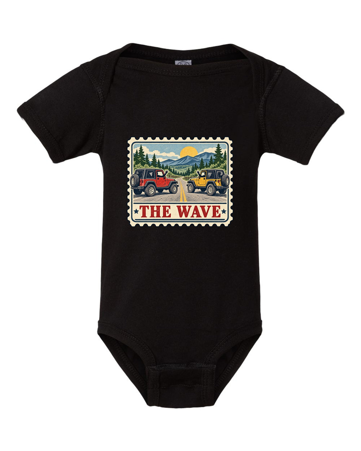 Vintage postage stamp print of a Jeep Wrangler TJ with the words The Wave black baby onesie front view with the design