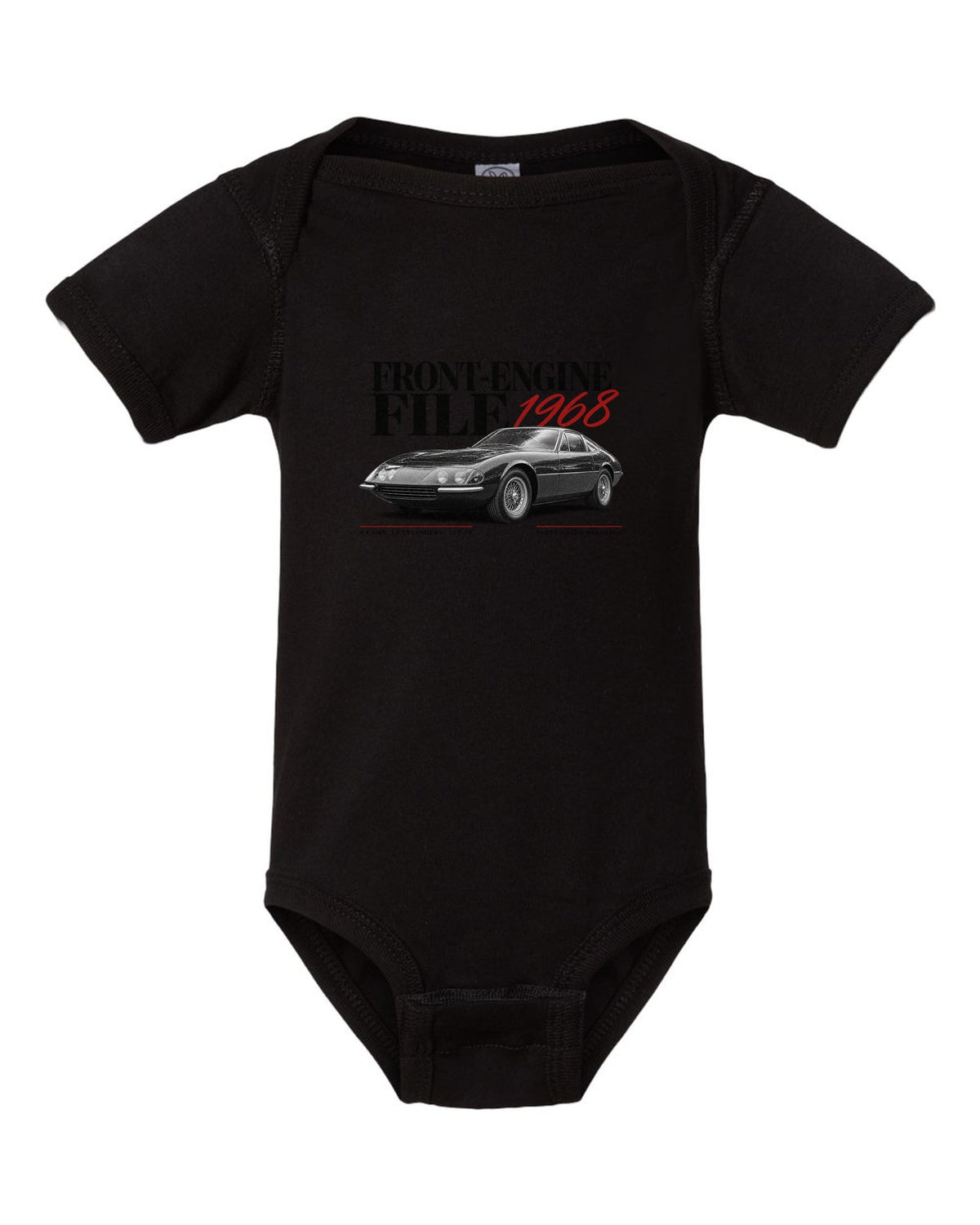 Editorial headline print of a Ferrari 365 GTB/4 Daytona with Front-Engine File 1968 and 352 PS text black baby onesie front view with the design