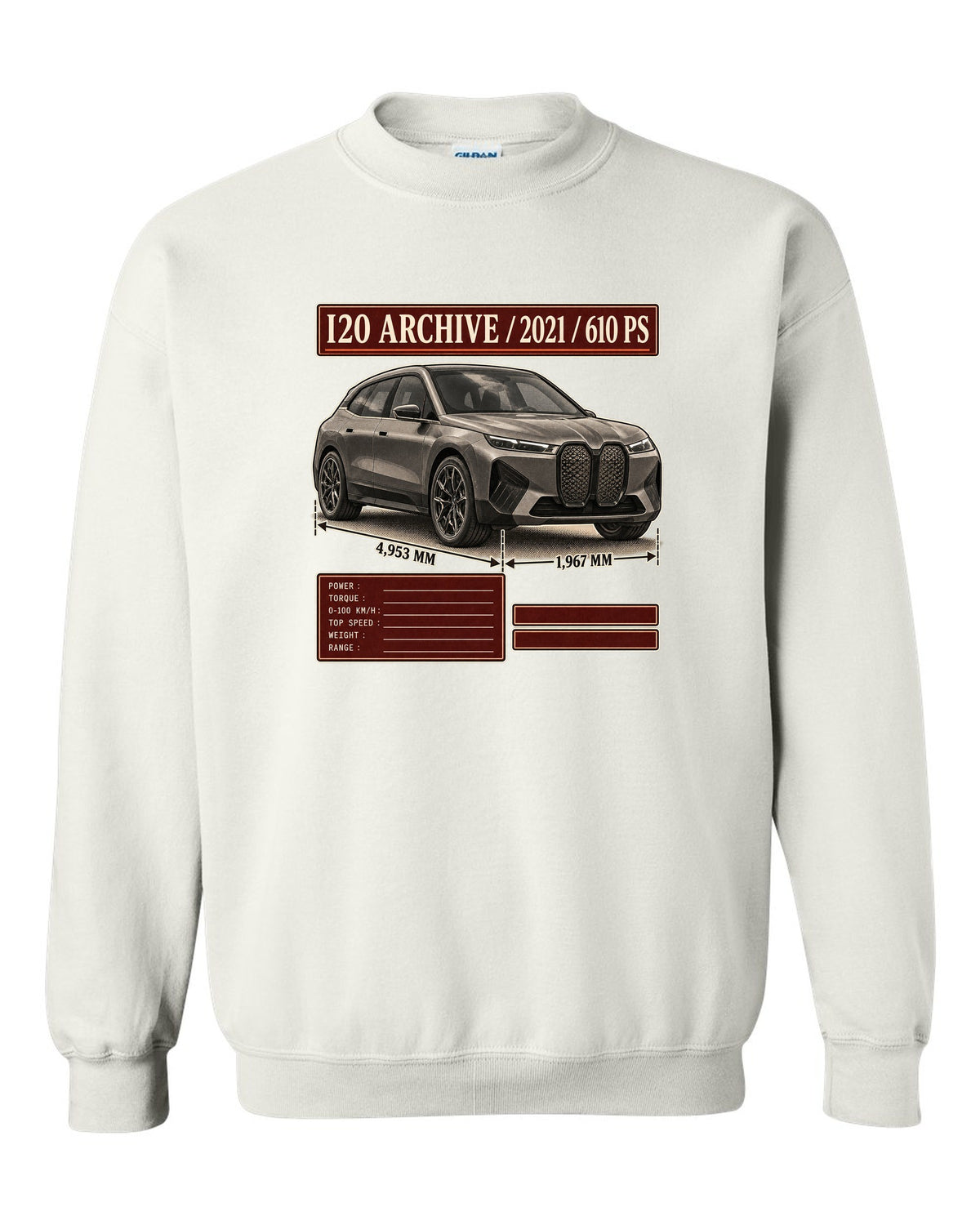 Archive panel print of the BMW iX M60 I20 with 2021 and 610 PS white crewneck front view with the design