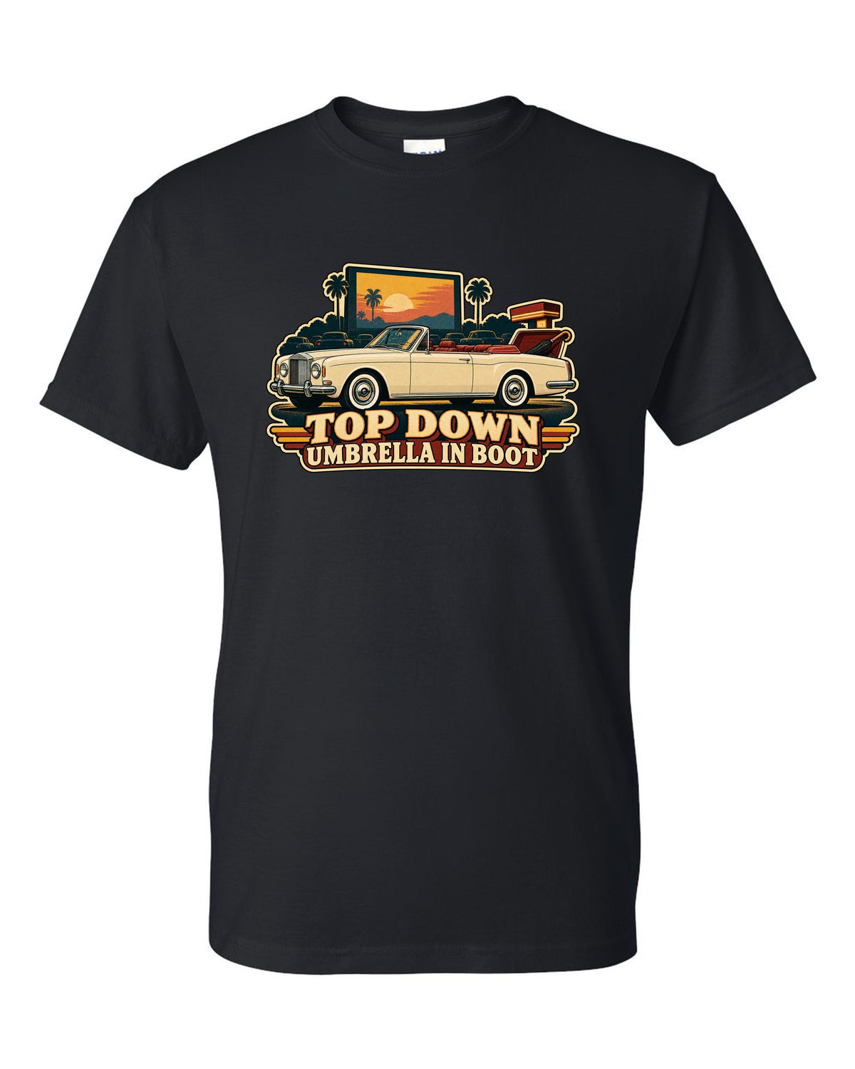 Retro Japanese showa catalogue style illustration of a 1971 Rolls-Royce Corniche convertible with TOP DOWN lettering black t-shirt front view with the design