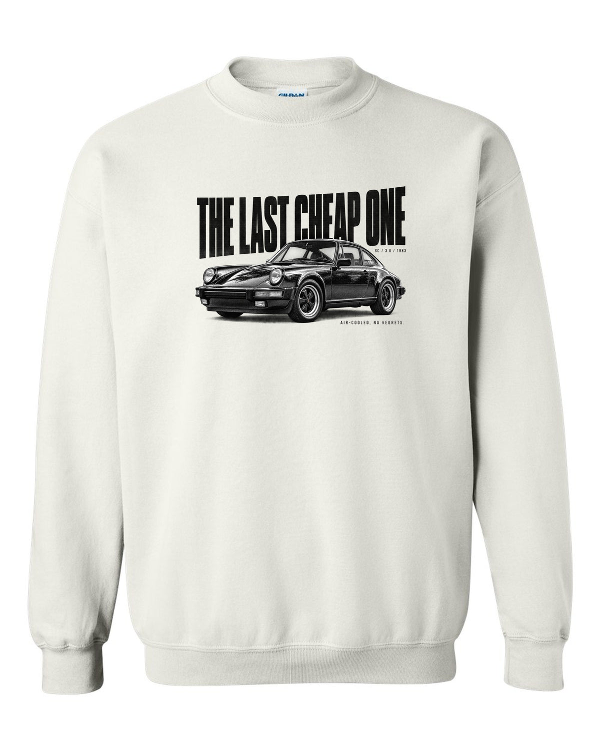 Halftone print of a Porsche 911 SC G-series with The Last Cheap One caption white crewneck front view with the design