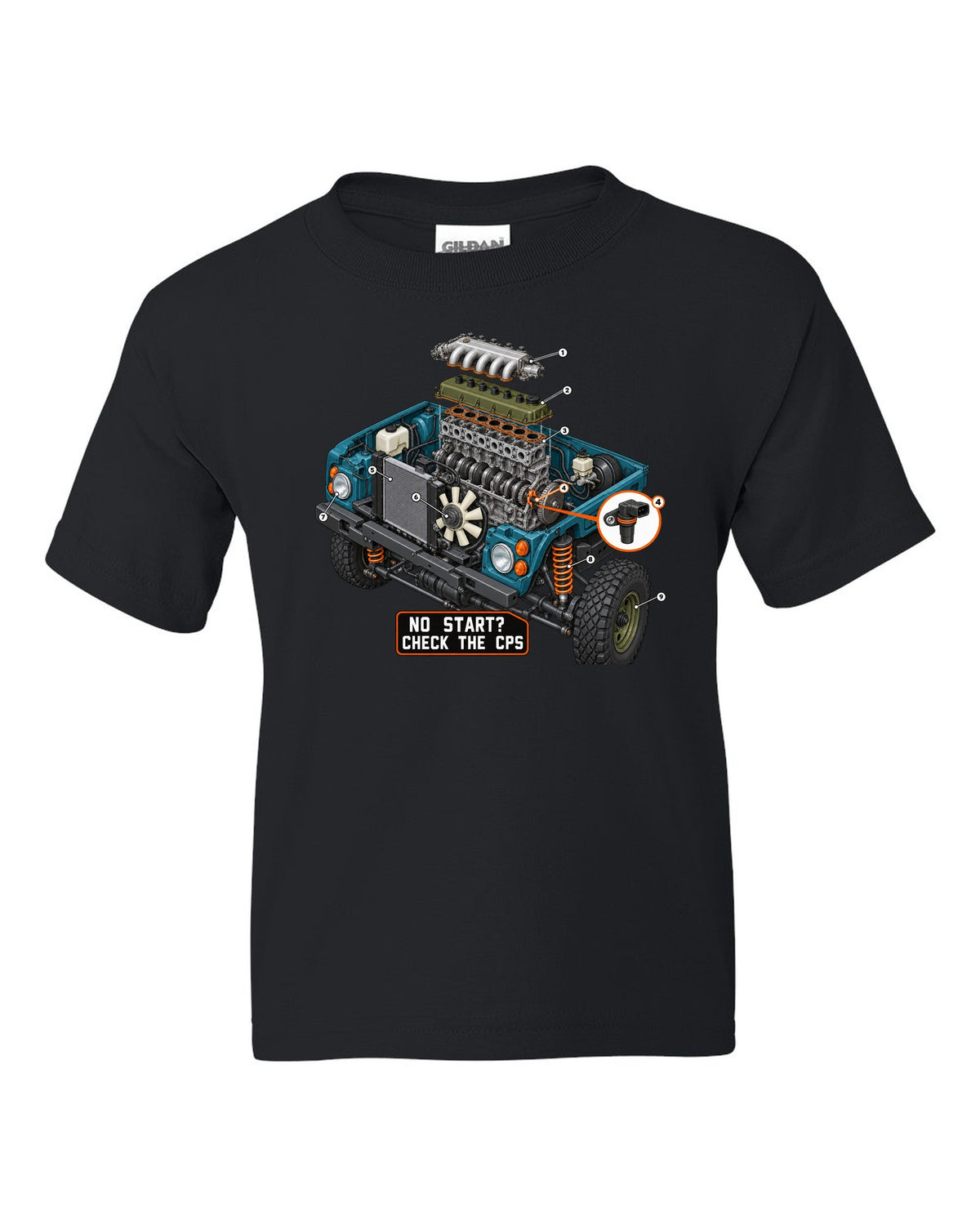Exploded cutaway engine print of a Jeep Wrangler TJ with check the CPS text black kids tee front view with the design