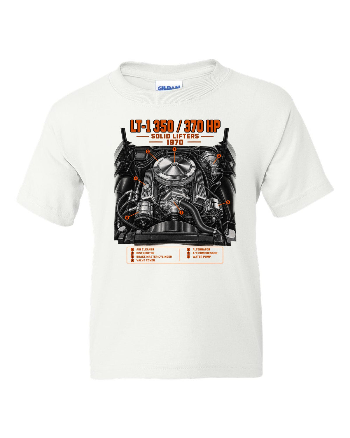 Chevrolet Corvette C3 Stingray 1970 LT-1 350 engine print white kids tee front view with the design