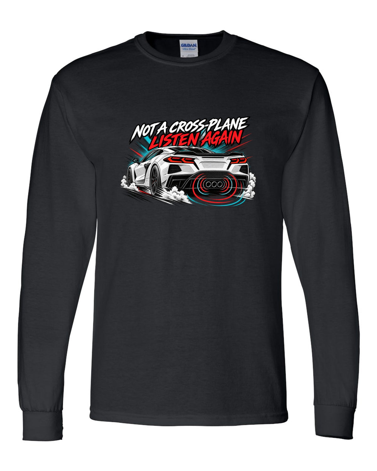 Badge crest design of a 2025 C8 Corvette ZR1 with large fender vents and rear wing black long sleeve front view with the design