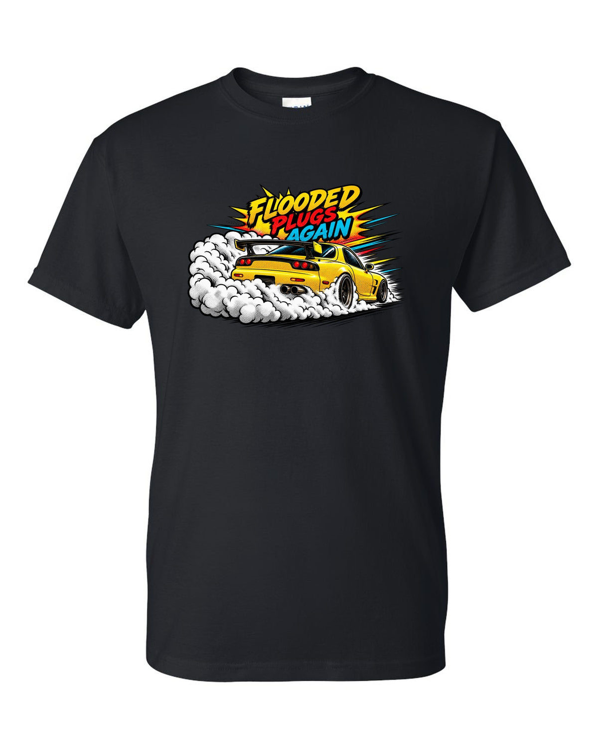 Comic halftone pop art print of a Mazda RX-7 FD3S with text Flooded, Plugs, Again black t-shirt front view with the design