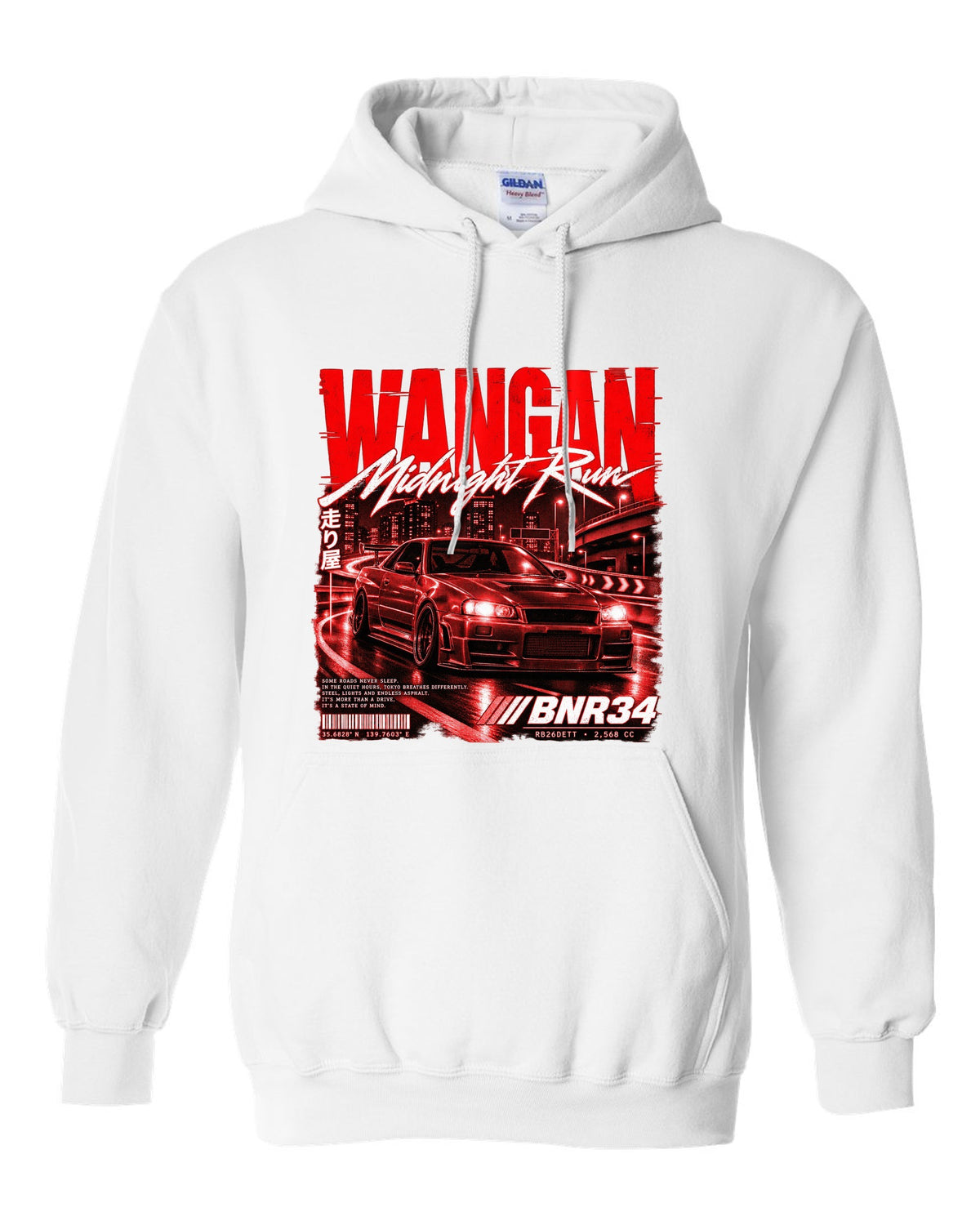 Street poster print of a Nissan Skyline GT-R R34 BNR34 with Wangan Midnight Run text white pull over hoodie front view with the design