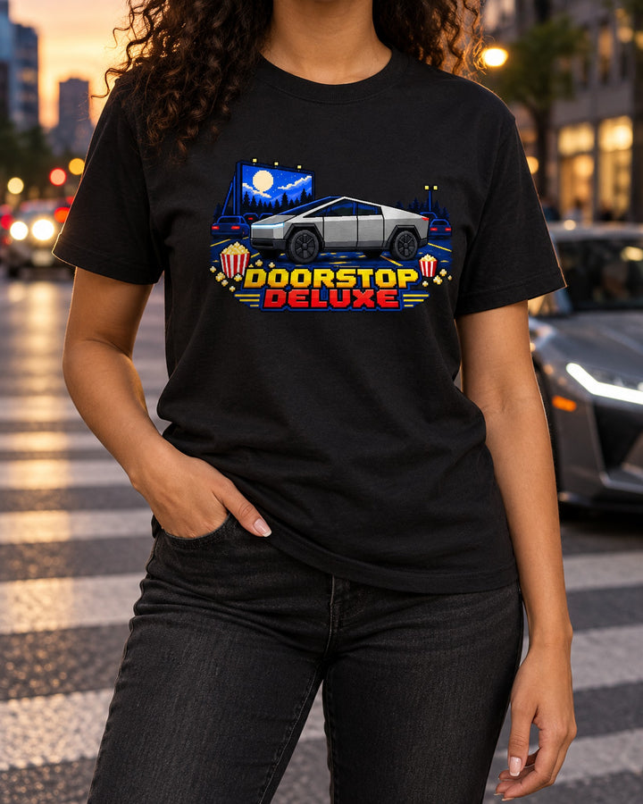 Tesla Cybertruck 16-Bit Pixel Art Shirt, Doorstop Deluxe Tee T-Shirt Black worn hero