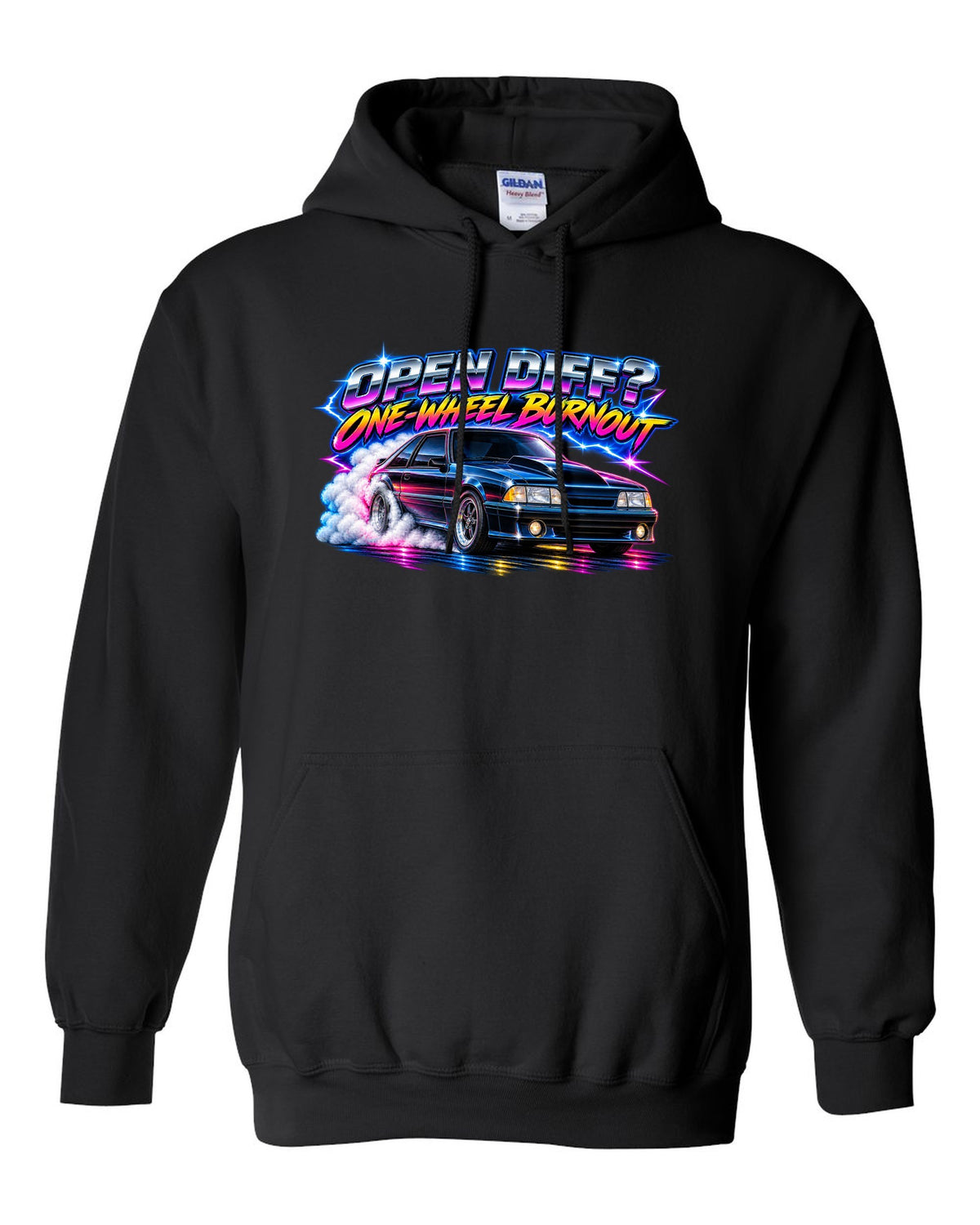 80s airbrush chrome print of a Ford Mustang Fox Body GT chback with a one-wheel burnout black pull over hoodie front view with the design